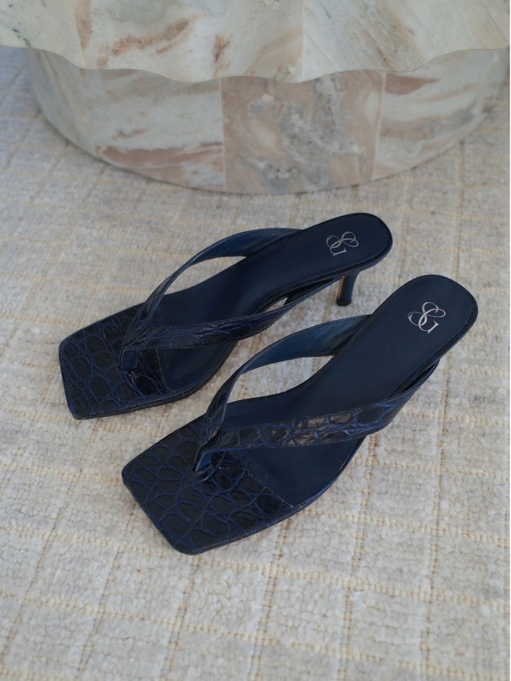 Women's Navy Croc-Embossed Thong Heel Sandals
